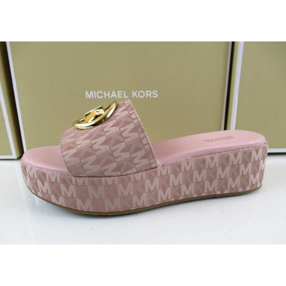 Michael Kors Sadler Platform Wedge Sandals MK Logo Fawn Light Pink - Picture 2 of 7